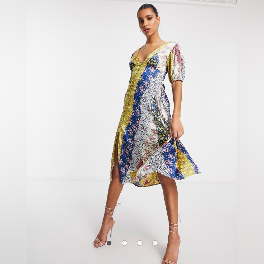 ASOS DESIGN button through satin midi tea dress in mixed floral